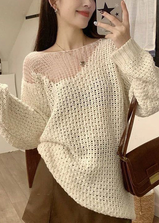 Boho Beige Hollow Out Solid Knit Sweater Spring