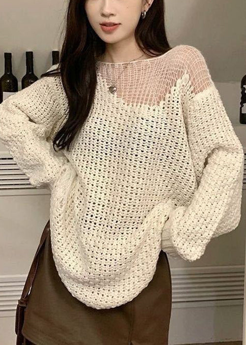 Boho Beige Hollow Out Solid Knit Sweater Spring