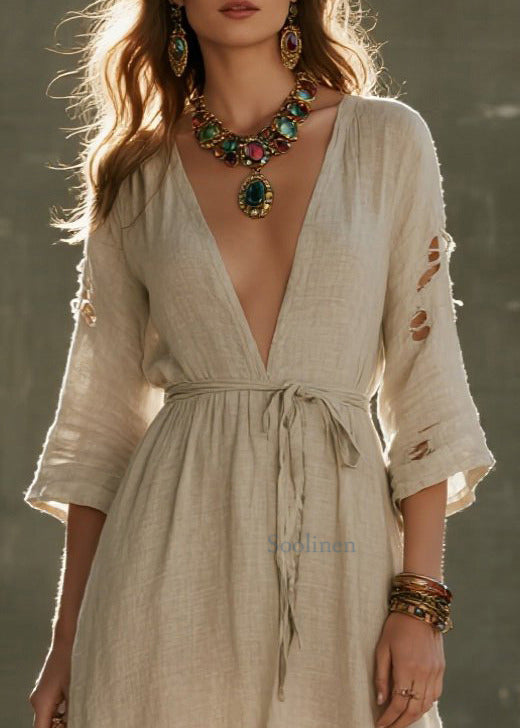 Boho Beige Tie Waist Ripped Linen Vacation Dress Bracelet Sleeve