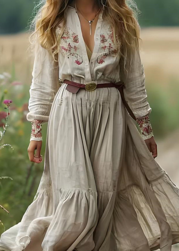 Boho Beige V Neck Print Patchwork Cotton Long Dress Spring