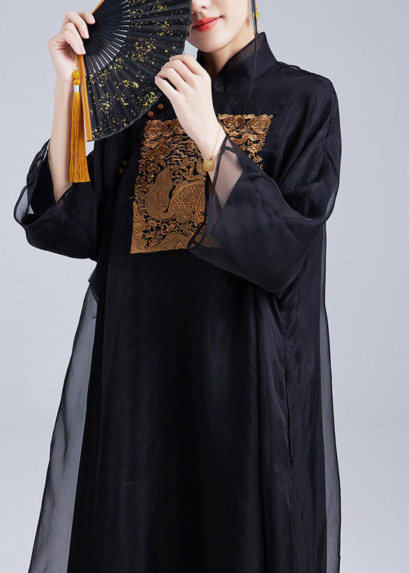 Boho Black Mandarin Collar Embroidered Silk Oriental Dress Summer