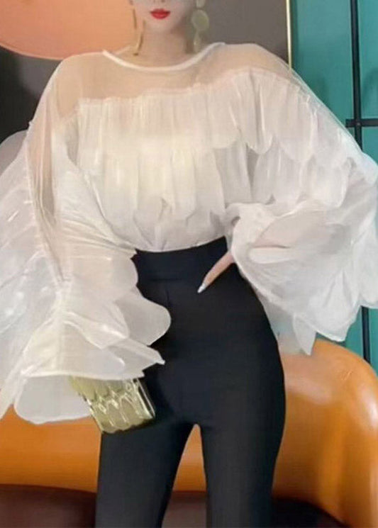 Boho Black O-Neck Ruffled Tulle Solid Tops Batwing Sleeve