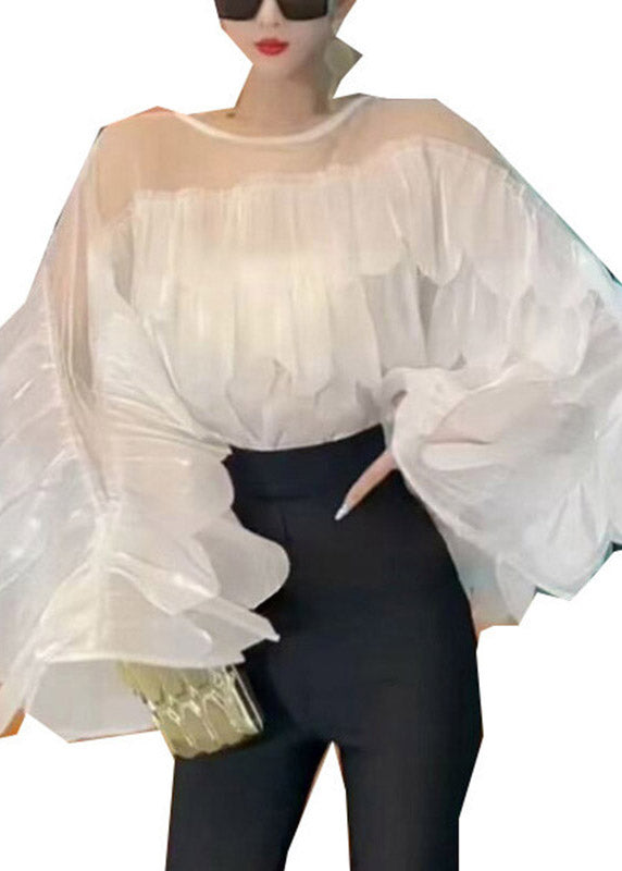 Boho Black O-Neck Ruffled Tulle Solid Tops Batwing Sleeve
