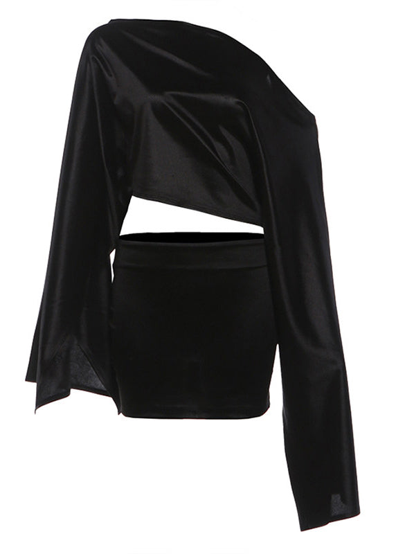 Boho Black One Shoulder Draping Silk Two Pieces Set Summer