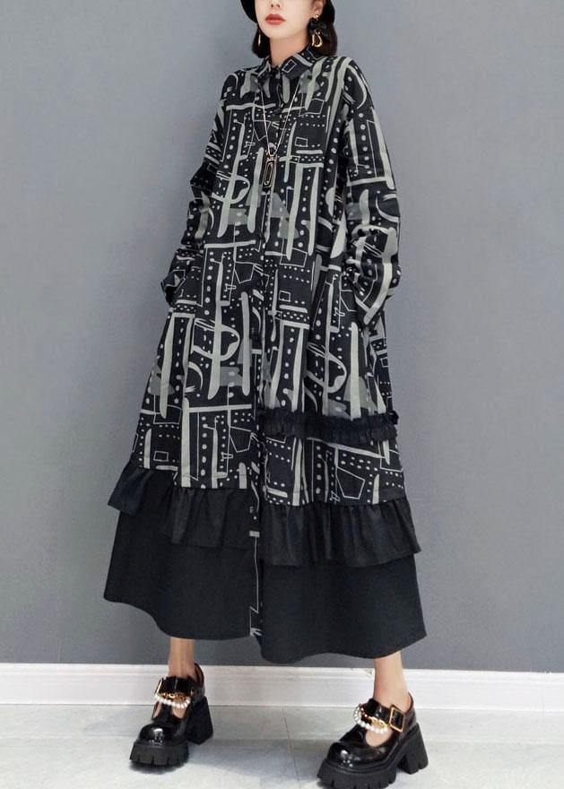 Boho Black Peter Pan Collar Button Print Asymmetrical Design Dress Fall Long Sleeve - SooLinen