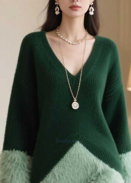 Boho Blackish Green Oversized Patchwork Faux Fur Knitwear Dress Winter