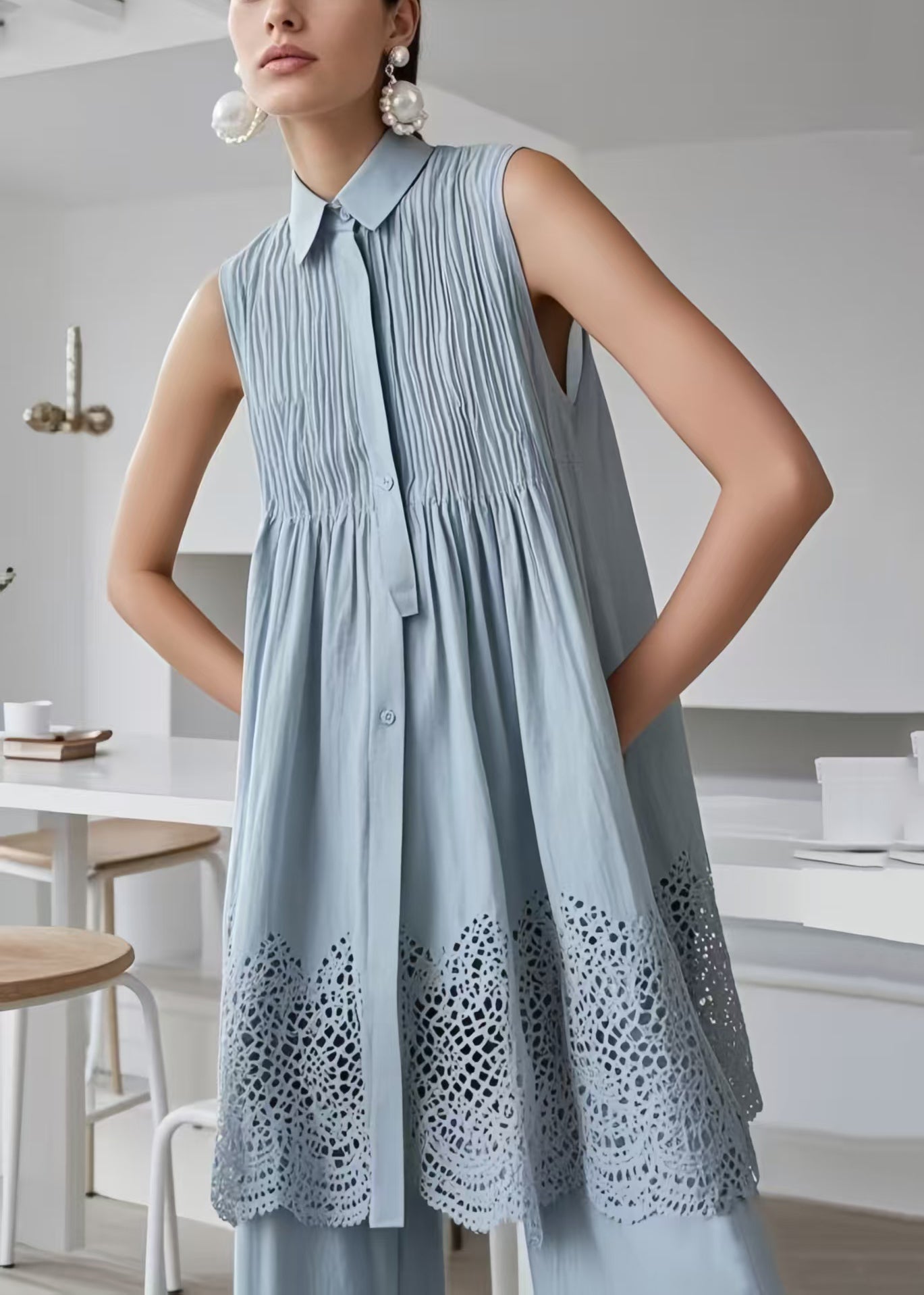 Boho Blue Hollow Out Wrinkled Cotton Tea Dress Sleeveless