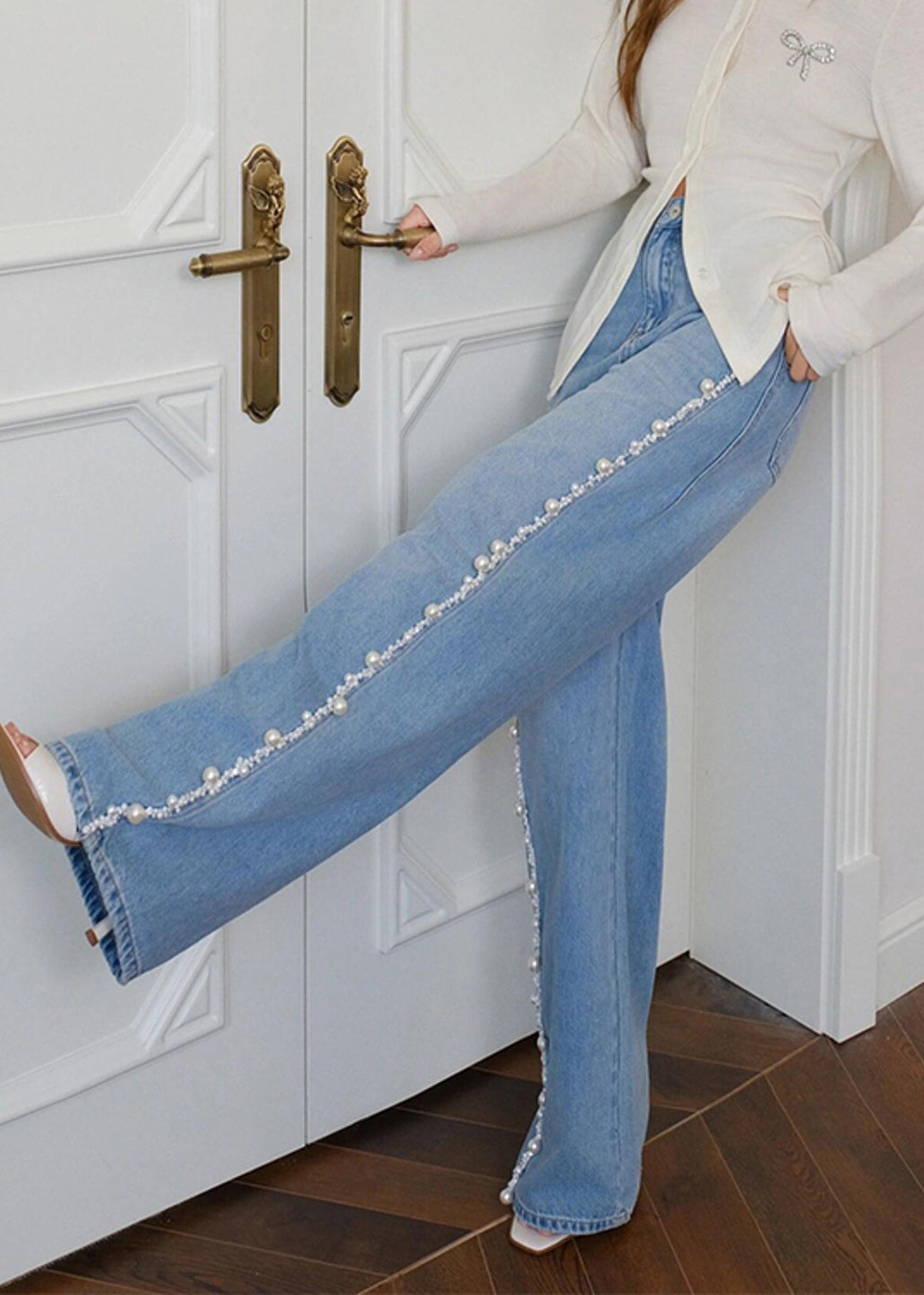 Boho Blue Nail Bead Denim Wide Leg Pants Spring