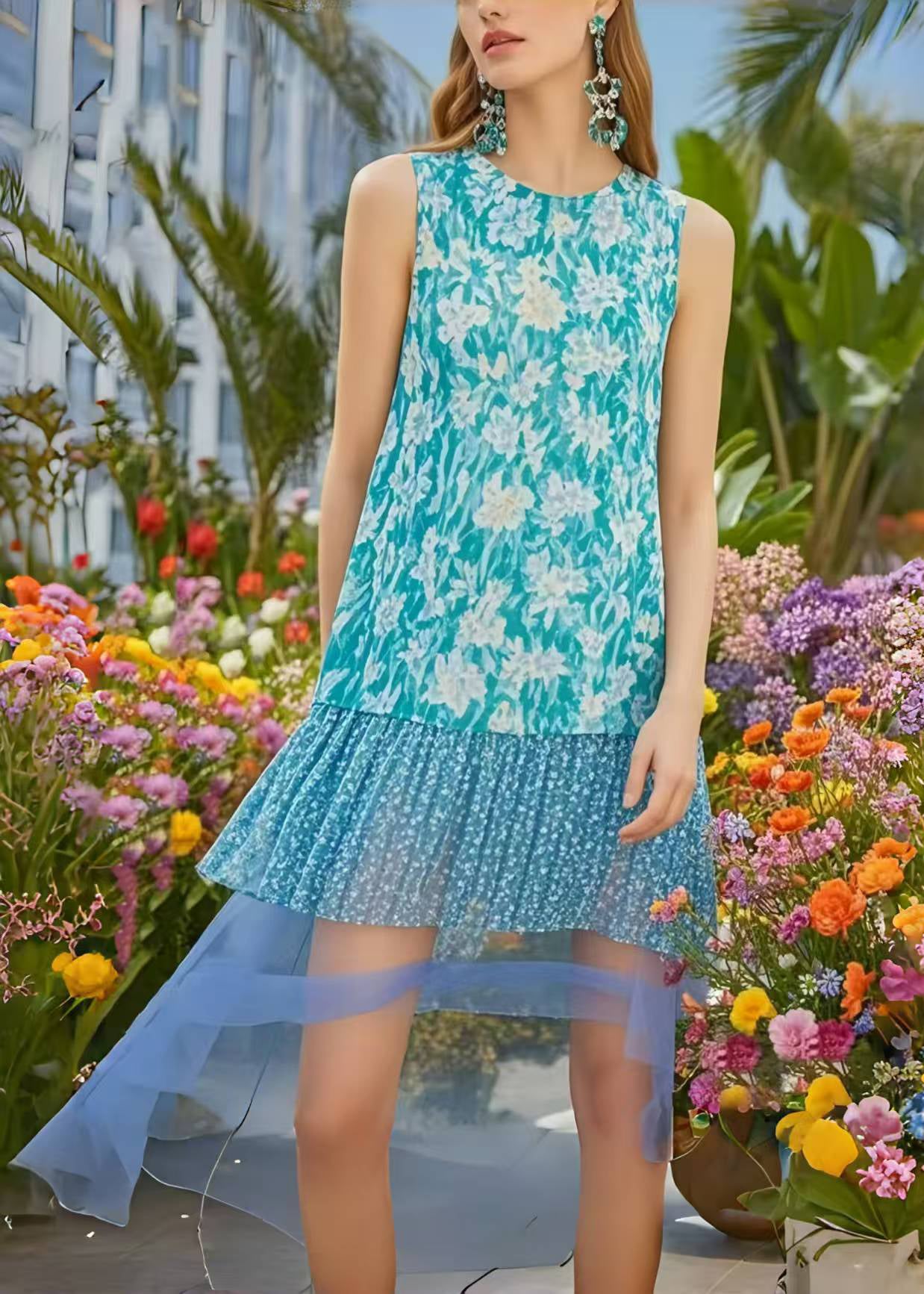 Boho Blue Print Patchwork Chiffon Holiday Dress Low High Design Sleeveless