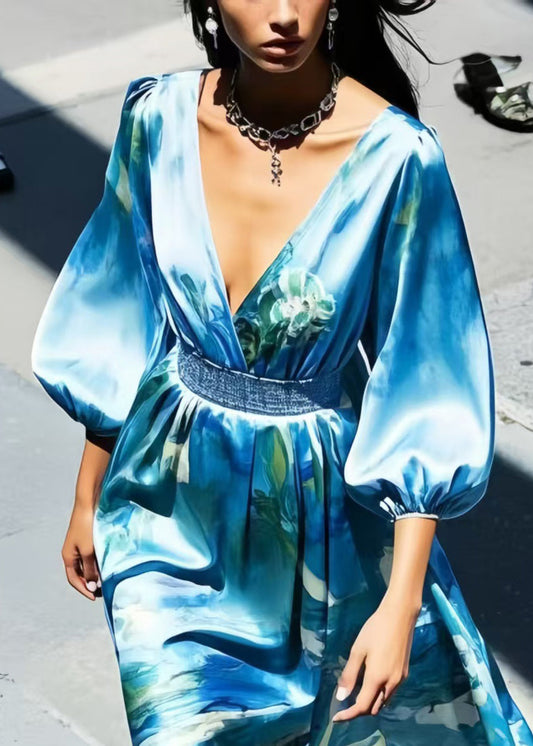 Boho Blue Print Silk Tunic Dress Bracelet Sleeve