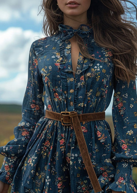 Boho Blue Ruffled Print Cotton Short Dresses Long Sleeve