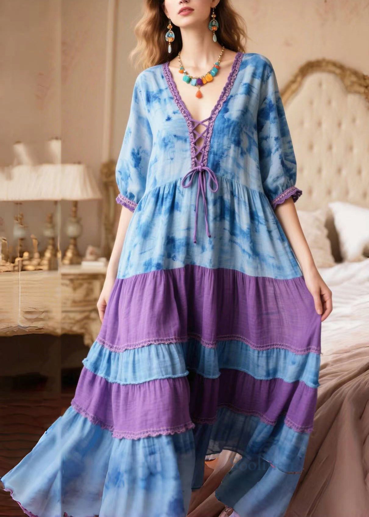 Boho Blue Tie Dye Patchwork Cross Strap Holiday Dress Summer