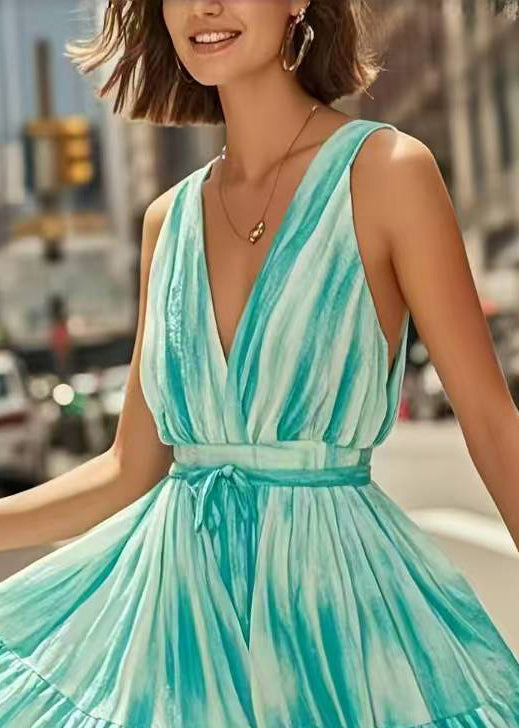Boho Blue Tie Dye Tie Waist Chiffon Mini Dress Summer