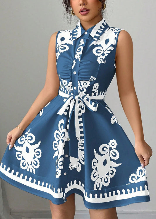 Boho Blue Tie Waist Print Cotton Shirt Dress Summer
