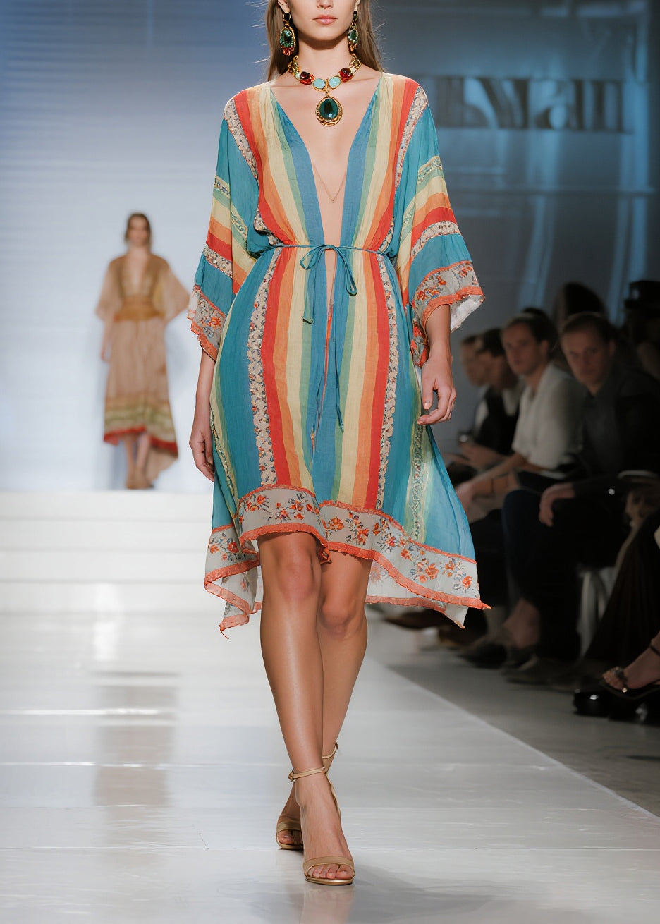 Boho Blue Tunic Striped Cotton Mini Dresses Summer