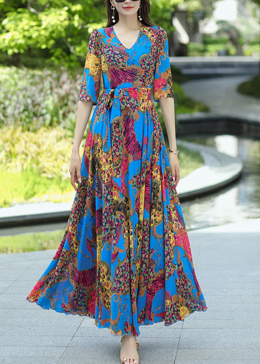 Boho Blue V Neck Print Lace Up Chiffon Dress Summer
