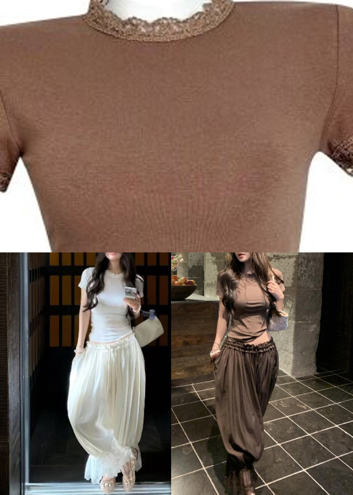 Boho Brown Lace Patchwork Top And Lantern Pants Two Pieces Set Short Sleeve