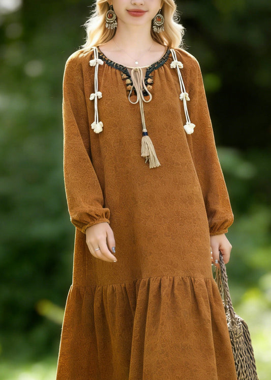 Boho Brown O Neck Jacquard Lace Vacation Dresses Spring