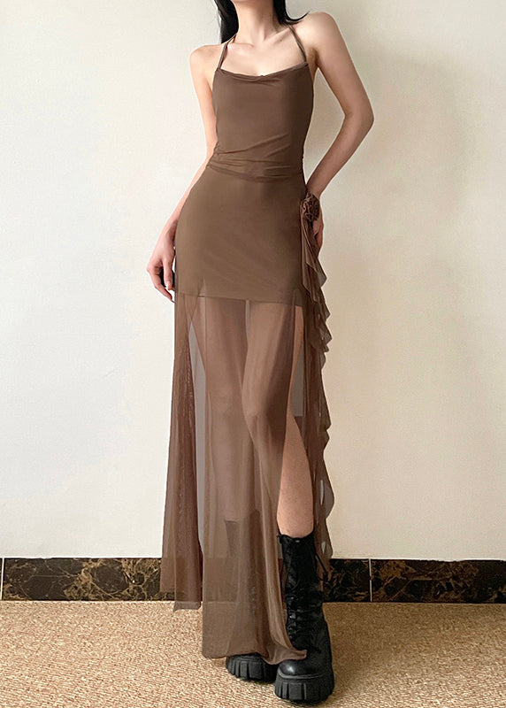 Boho Brown Side Open Silm Fit Tulle Halter Dress Summer