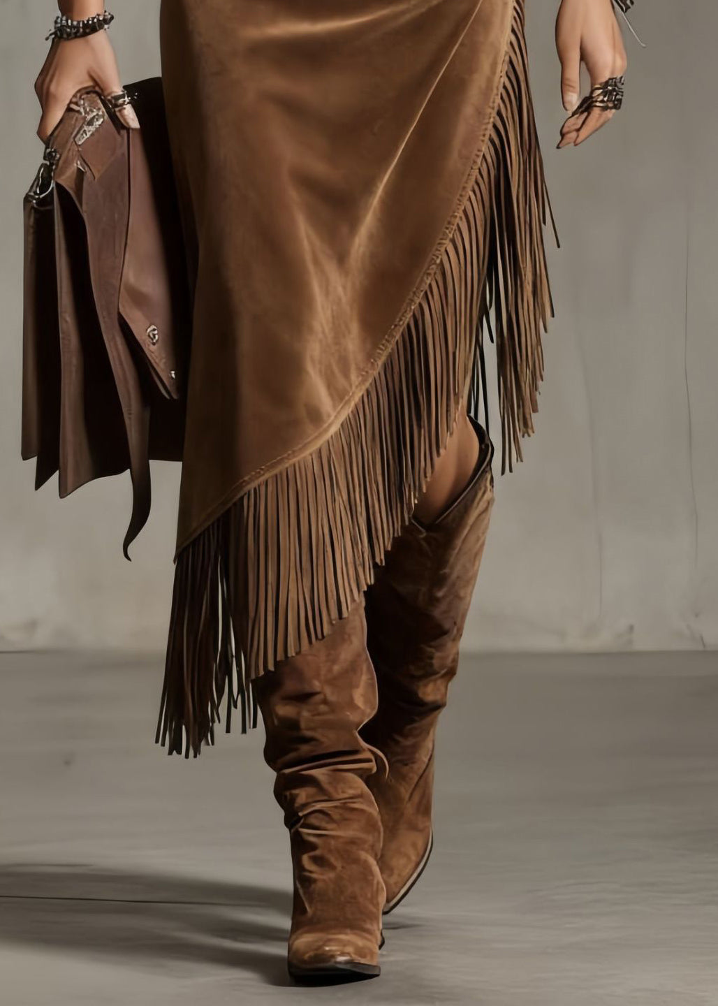 Boho Chocolate Asymmetrical Tasseled High Waist Faux Suede Skirt Spring