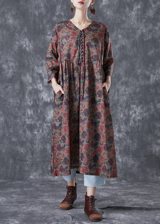 Boho Chocolate Print Button Lace Up Linen Long Dress Bracelet Sleeve