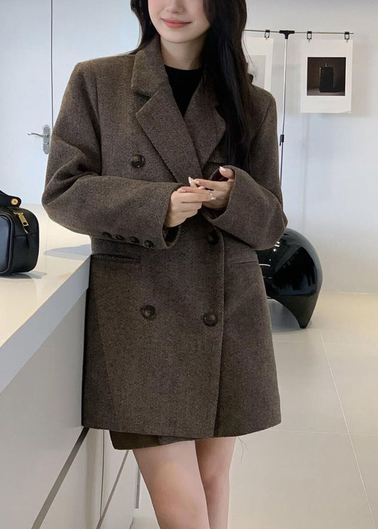Boho Coffee Notched Pockets Patchwork Woolen Coats Long Sleeve