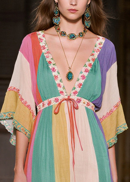 Boho Colorblock Deep-V Neck Side Open Cotton Long Dress Summer
