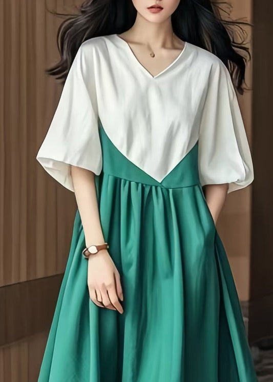 Boho Colorblock V Neck Patchwork Cotton Robe Dresses Lantern Sleeve