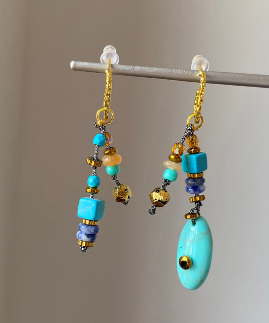 Boho Copper Overgild Asymmetrical Natural Stone Drop Earrings