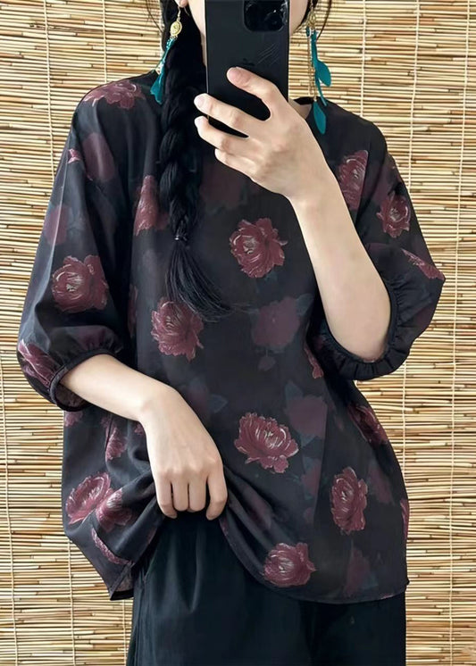 Boho Dark Red O-Neck Print Shirt Top Half Sleeve