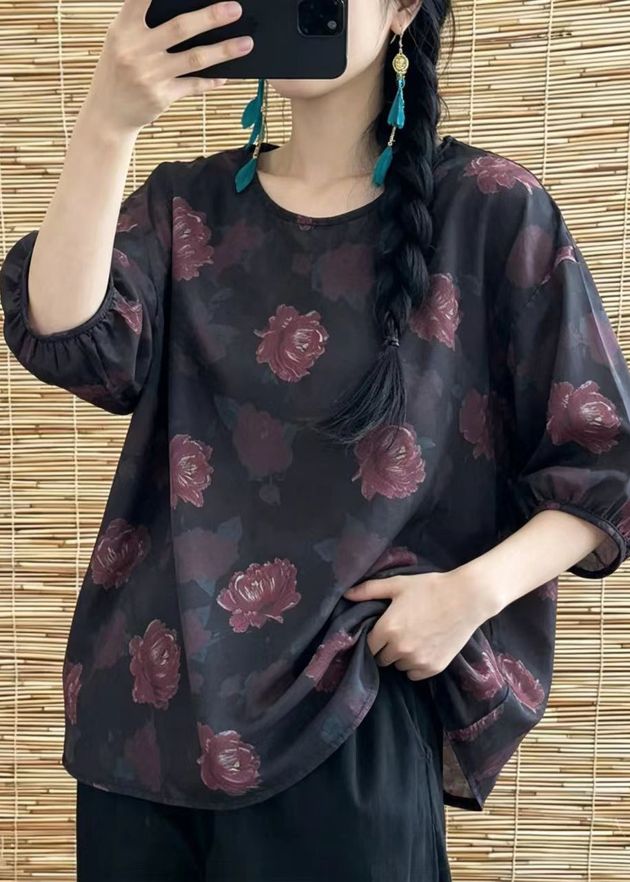 Boho Dark Red O-Neck Print Shirt Top Half Sleeve