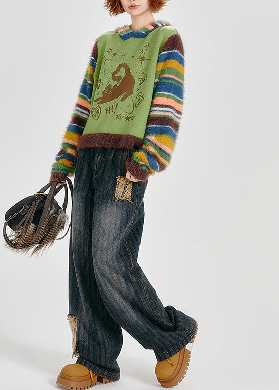 Boho Grass Green Hooded Patchwork Striped Knit Sweatshirt Winter