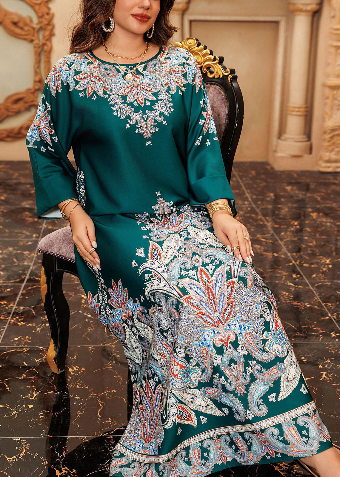 Boho Green O-Neck Print Cotton Long Dress Spring