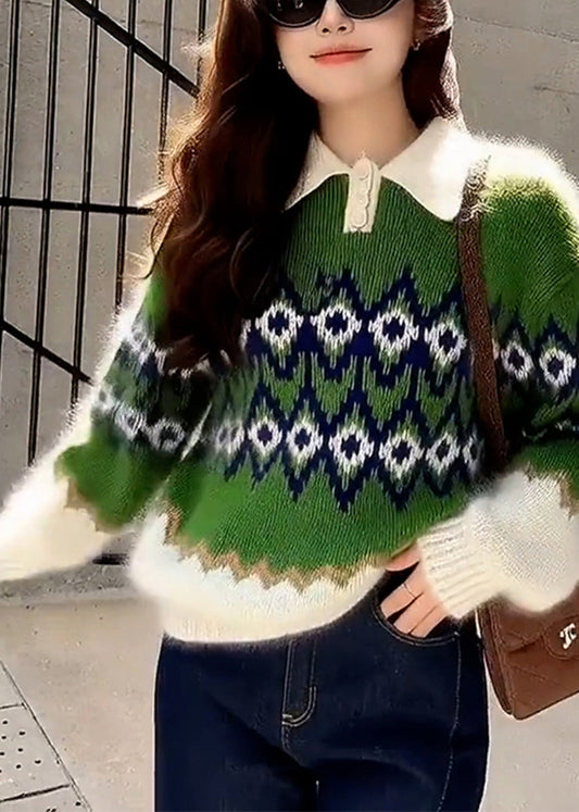Boho Green Oversized Print Thick Knitted Tops Winter