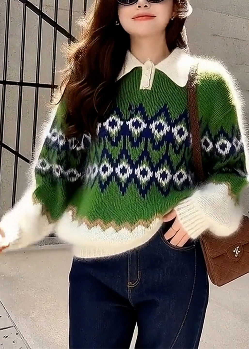 Boho Green Oversized Print Thick Knitted Tops Winter