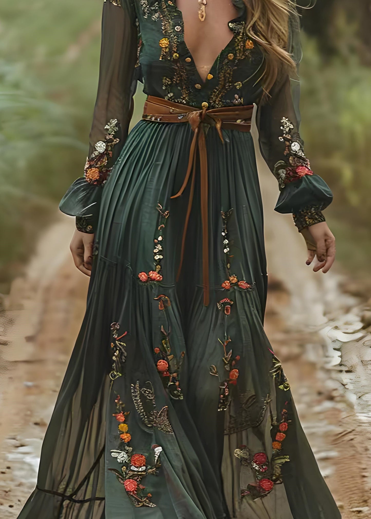 Boho Green Peter Pan Collar Print Wrinkled Chiffon Long Dresses Spring