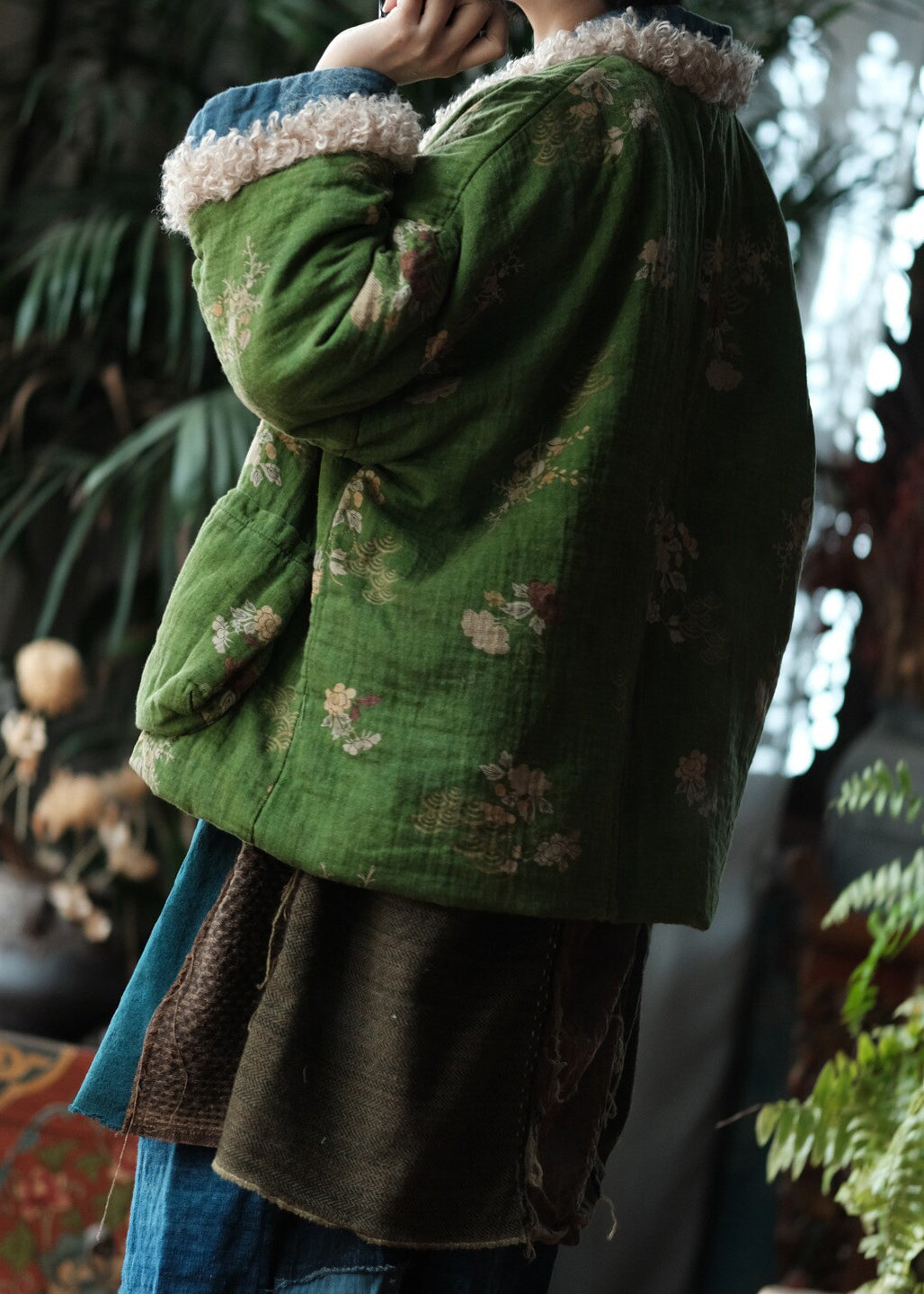 Boho Green Pockets Print Faux Fur Patchwork Fine Cotton Filled Jacket Winter