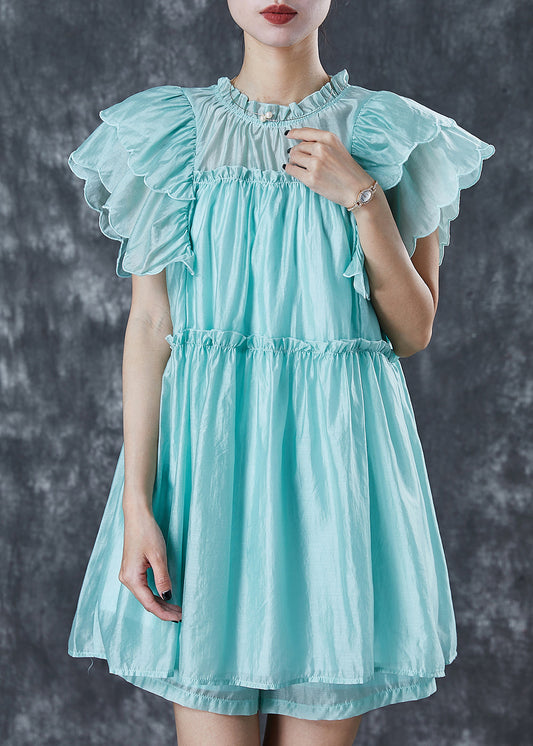 Boho Green Ruffled Silk Beach Dress Butterfly Sleeve