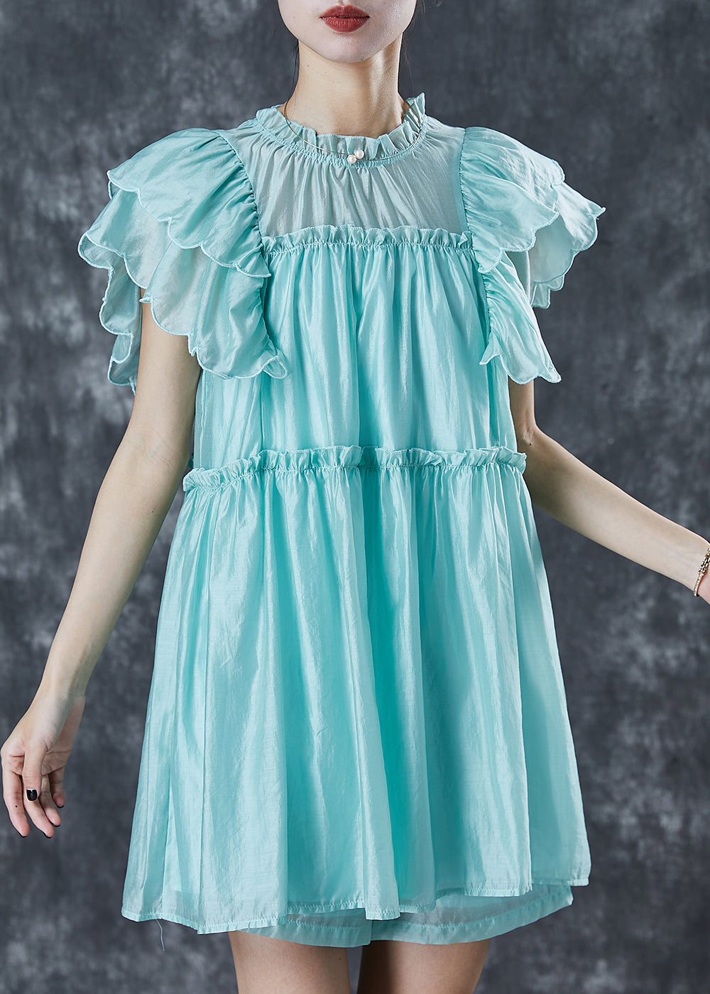 Boho Green Ruffled Silk Beach Dress Butterfly Sleeve