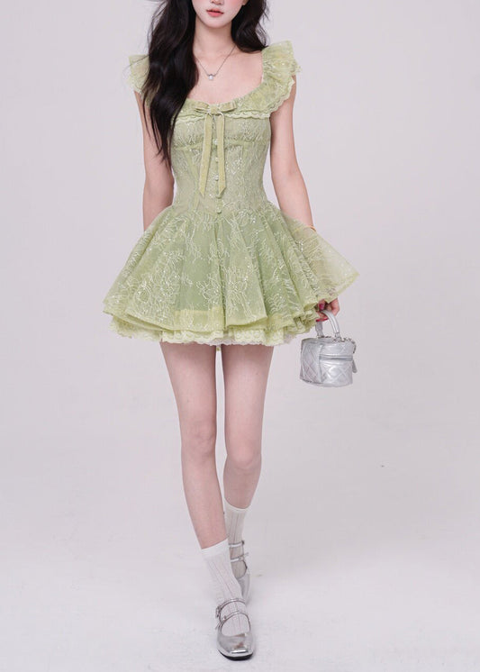Boho Green Square Collar Bow Tulle Mini Dresses Summer