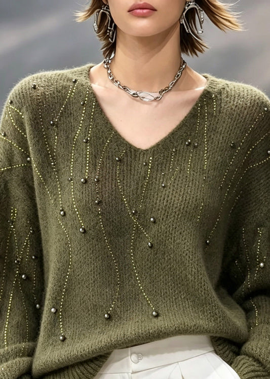 Boho Green V Neck Patchwork Solid Cotton Knit Sweater Lantern Sleeve