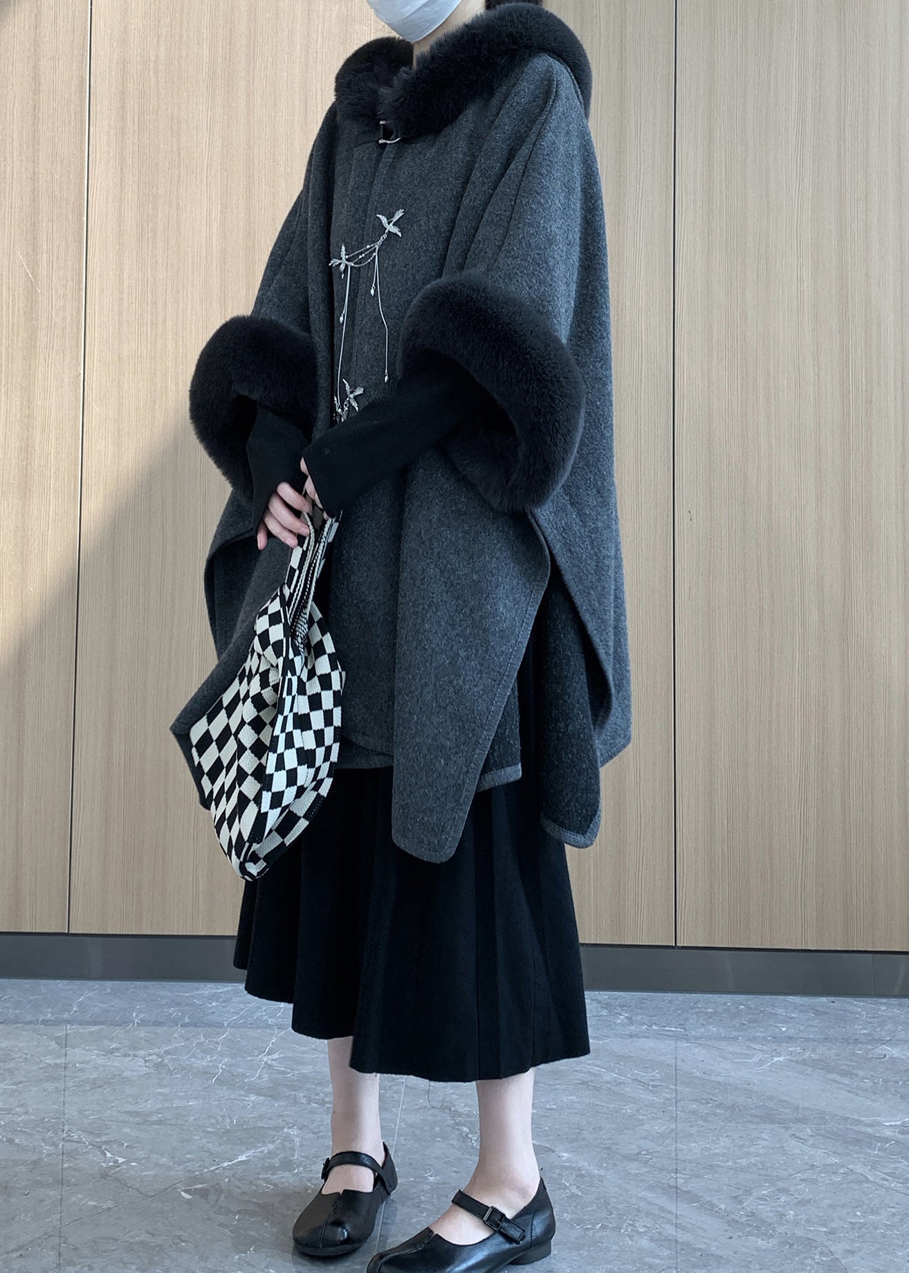 Boho Grey Oversized Patchwork Faux Fur Woolen Trench Winter