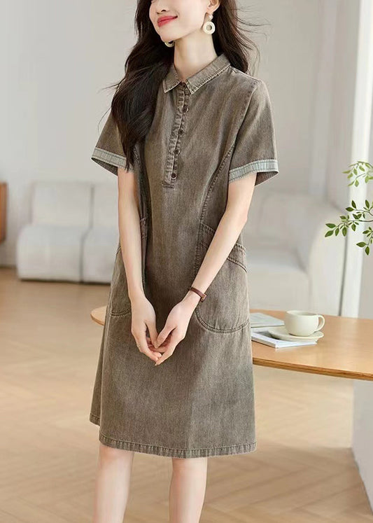 Boho Grey Peter Pan Collar Pockets Denim Day Dresses Summer