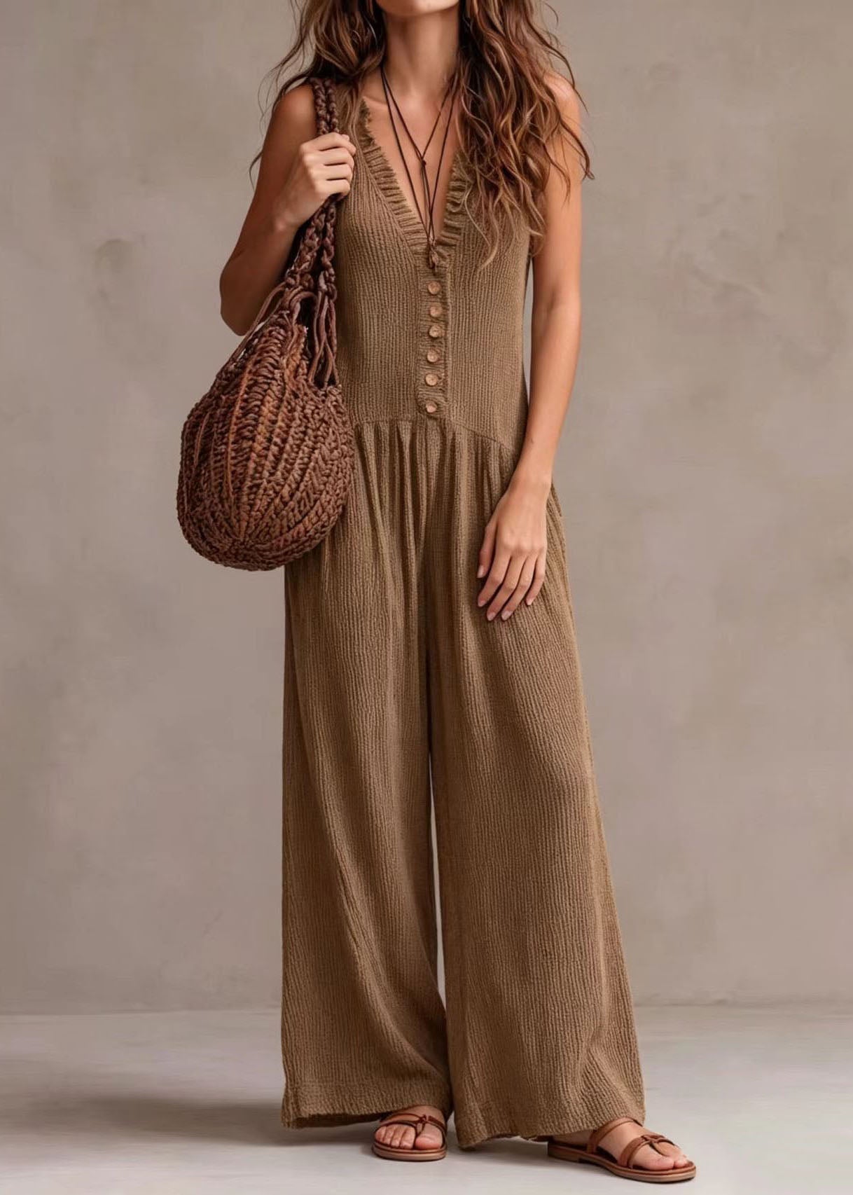 Boho Khaki V Neck Ruffled Wide Leg Jumpsuits Sleeveless