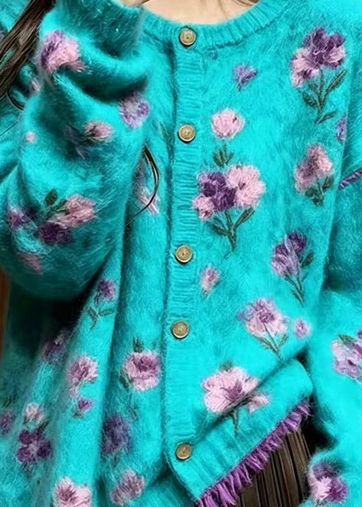Boho Lake Green Floral Mink Hair Knitted Cardigan Fall