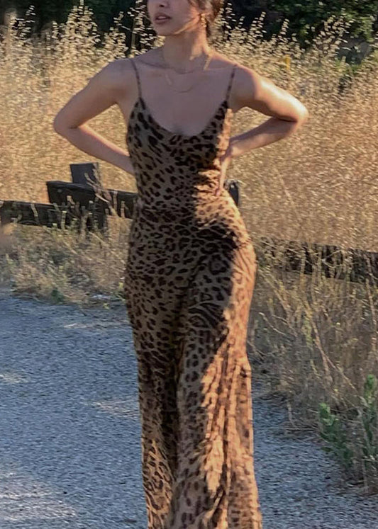 Boho Leopard V Neck Maxi Spaghetti Strap Dresses Sleeveless