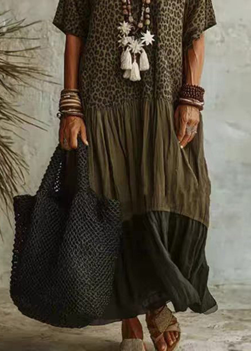 Boho Leopard V Neck Oversized Maxi Dress Half Sleeve