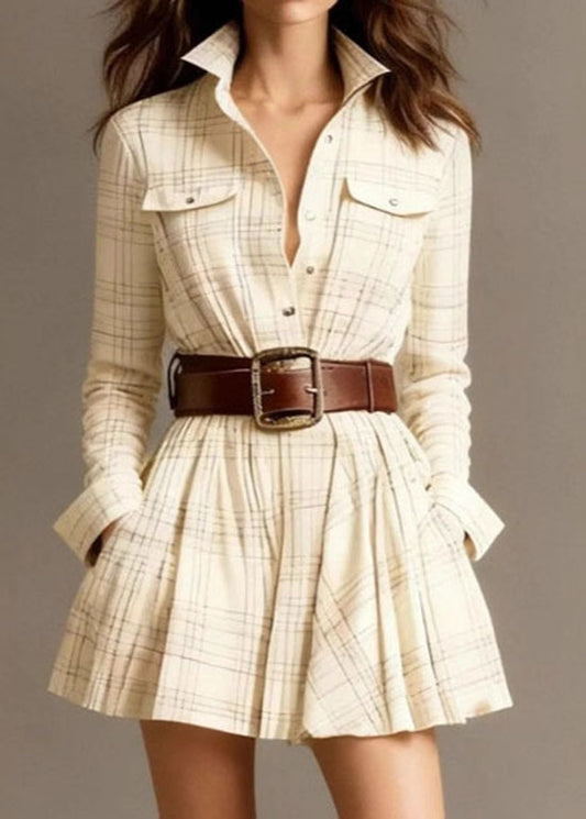 Boho Multicolor Stand Collar Plaid Pockets Cotton Mid Dress Fall