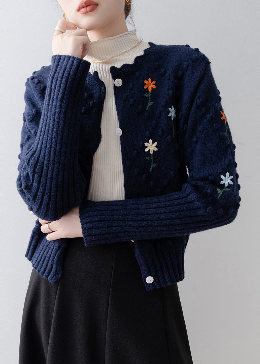 Boho Navy Embroidered Fuzzy Ball Decorated Knit Jacket Winter