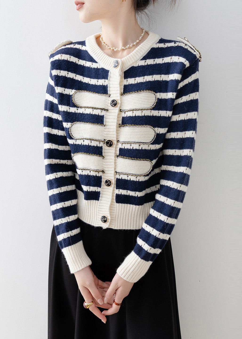 Boho Navy O-Neck Striped Knit Cardigan Spring